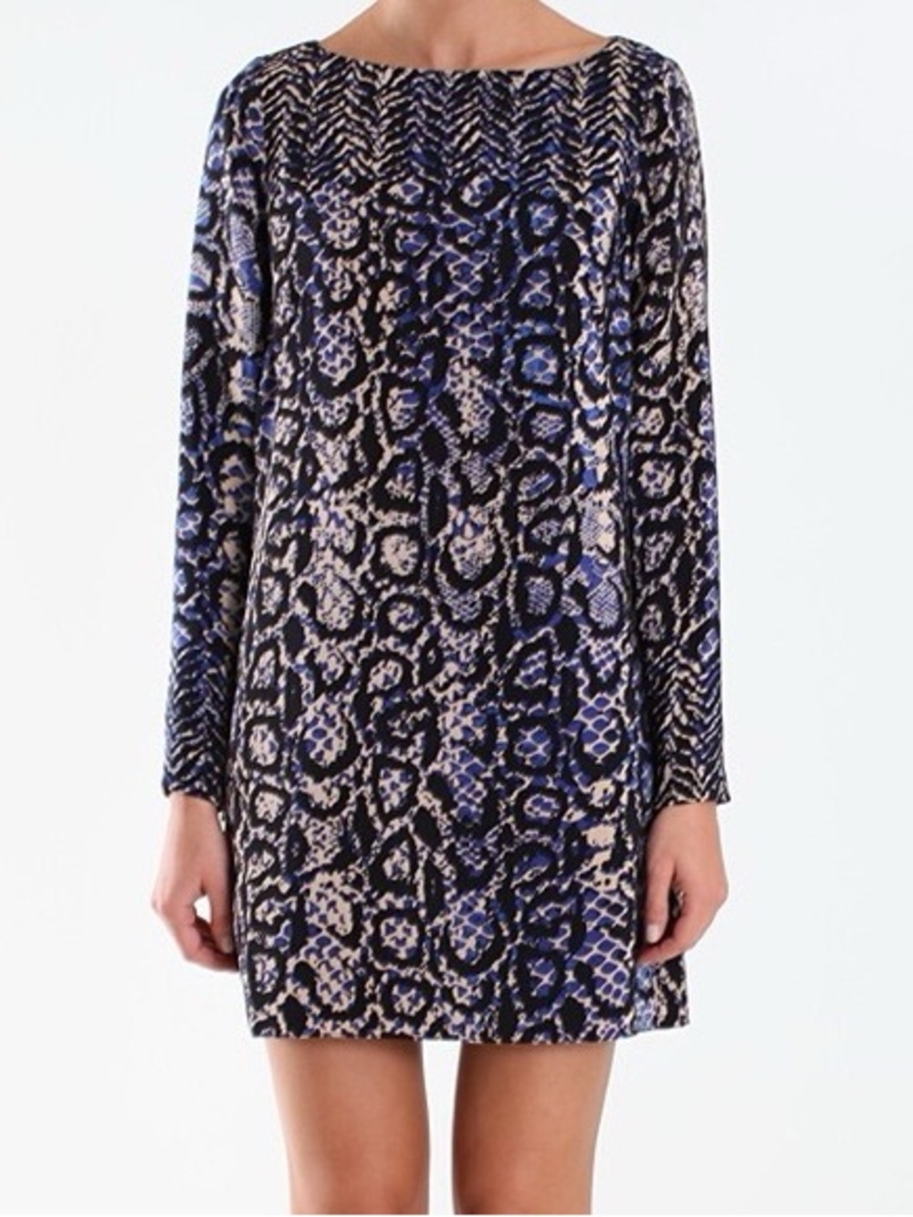 Tibi Blue and Black Long-Sleeve Animal-Print Shift Dress